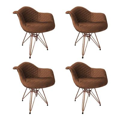 Kit 4 Poltronas Jantar Estofadas Caramelo Base Cobre Amarelo