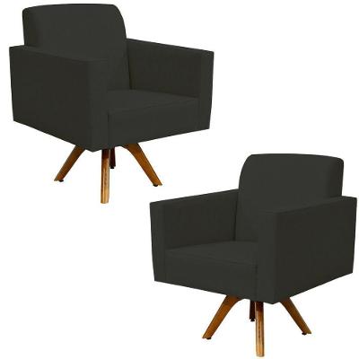 Kit 02 Poltronas Giratória Base De Madeira Suede Preto