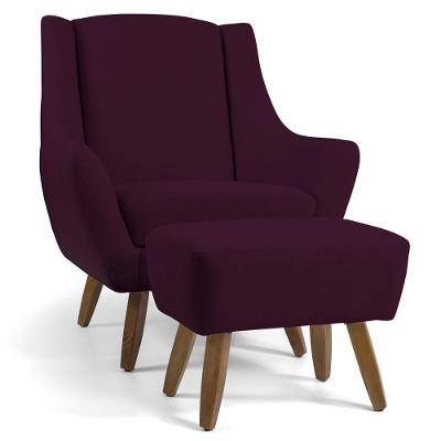 Poltrona Com Puff Pés De Madeira Veludo Roxo Grape C-292