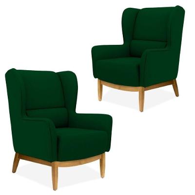Kit 02 Poltronas Base De Madeira Veludo Verde Liso C-303