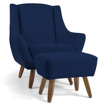Poltrona Com Puff Pés De Madeira Veludo Azul Oxford C-304