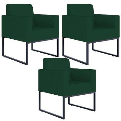 Kit 03 Poltronas Base Fixa Metal Helô L02 Suede Verde Musgo