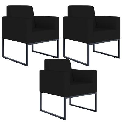 Kit 03 Poltronas Base Fixa De Metal Helô L02 Suede Preto