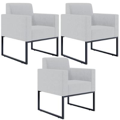 Kit 03 Poltronas Base Fixa De Metal Helô L02 Linho Cinza