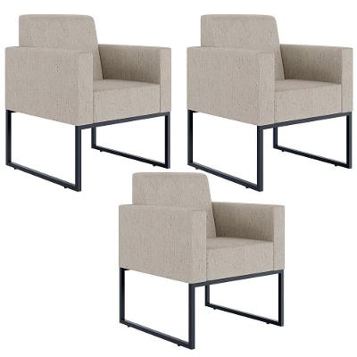 Kit 03 Poltronas Base Fixa De Metal Helô L02 Linho Bege
