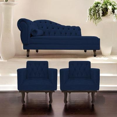Kit Diva Recamier Diana 160Cm Lado Direito E 02 Poltronas Classic Suede Azul Marinho