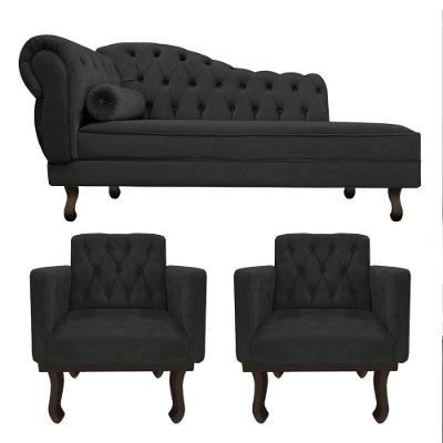 Kit Diva Recamier Diana 140Cm Lado Direito E 02 Poltronas Classic Linho Cinza Escuro
