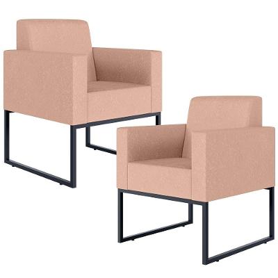Kit 02 Poltronas Base Fixa De Metal Helô L02 Linho Rosê