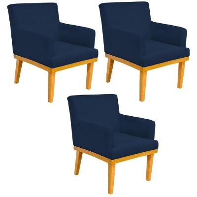 Kit 03 Poltronas Base Mel Beatriz W01 Suede Azul Marinho