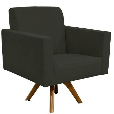 Poltrona Giratória Base De Madeira Suede Cinza