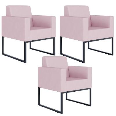 Kit 03 Poltronas Base Fixa De Metal Helô L02 Suede Rosê