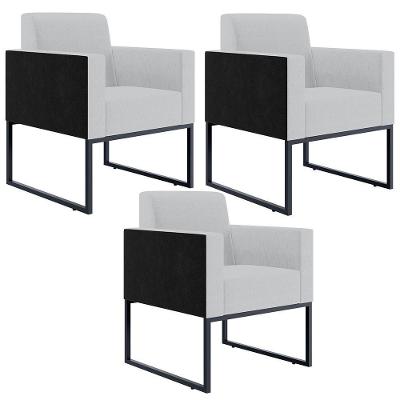 Kit 03 Poltronas Base Fixa Metal Helô L02 Linho Cinza Preto