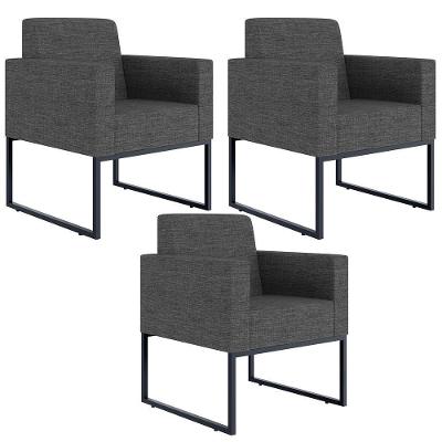 Kit 03 Poltronas Base Fixa Metal Linho Cinza Escuro