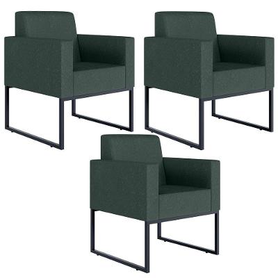 Kit 03 Poltronas Base De Metal Linho Verde Musgo