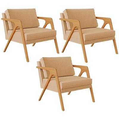 Kit 03 Poltronas Pietra Estrutura L02 Linho Bege Escuro