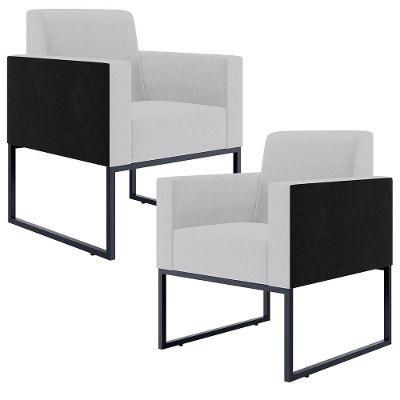 Kit 02 Poltronas Sala Base Metal Linho Cinza Preto