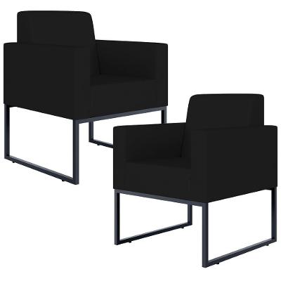 Kit 02 Poltronas Recepção Base Fixa De Metal Suede Preto