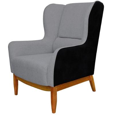 Poltrona Fixa D02 Linho Cinza C-416 Corano Preto