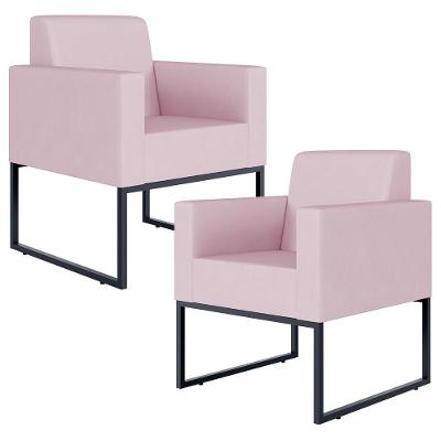 Kit 02 Poltronas Recepção Base Fixa De Metal Suede Rosê