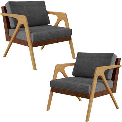 Kit 02 Poltronas Pietra L02 Marrom Linho Cinza Escuro