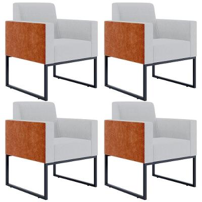 Kit 04 Poltronas Base Fixa Metal Helô L02 Linho Cinza Camel