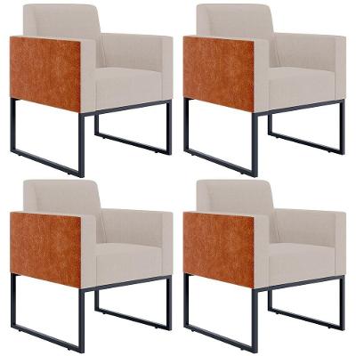 Kit 04 Poltronas Base Fixa Metal Helô L02 Linho Bege Camel