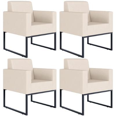 Kit 04 Poltronas Base Fixa De Metal Helô L02 Suede Bege