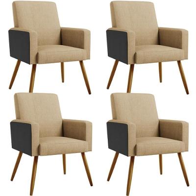 Kit 04 Poltronas Pés Palito Linho Bege Escuro Preto
