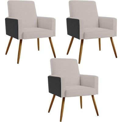 Kit 03 Poltronas Pés Palito Linho Bege Couríssimo Preto
