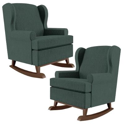 Kit 02 Poltronas Malu Base De Madeira P02 Linho Verde Musgo