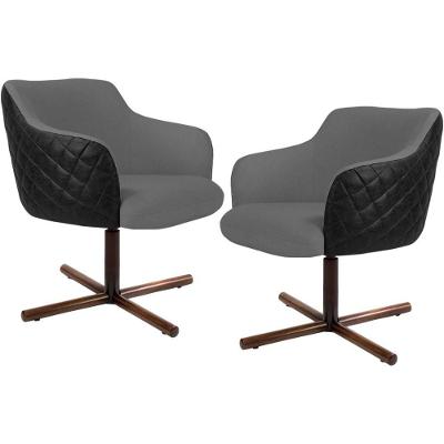 Kit 02 Poltronas Giratória Base X Linho Cinza Corano Preto