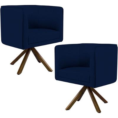 Kit 02 Poltronas Base Giratória Madeira Veludo Azul