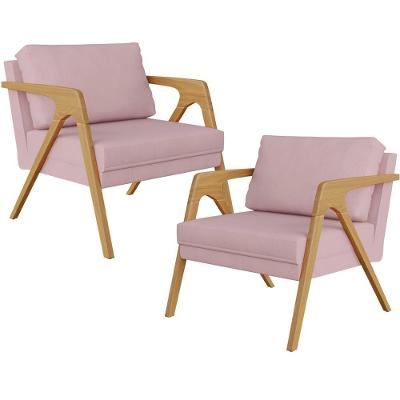 Kit 02 Poltronas Estrutura De Madeira L02 Suede Rosê