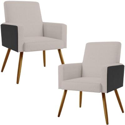 Kit 02 Poltronas Pés Palito Linho Bege Couríssimo Preto