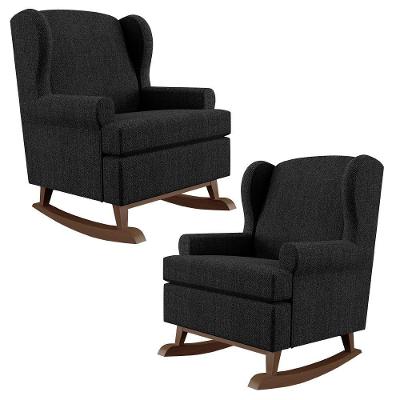 Kit 02 Poltronas Malu Base De Madeira P02 Linho Chumbo