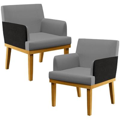 Kit 02 Poltronas Linho Cinza Escuro Couríssimo Preto