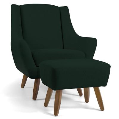 Poltrona Fixa Com Puff Pés De Madeira Linho Verde C-117