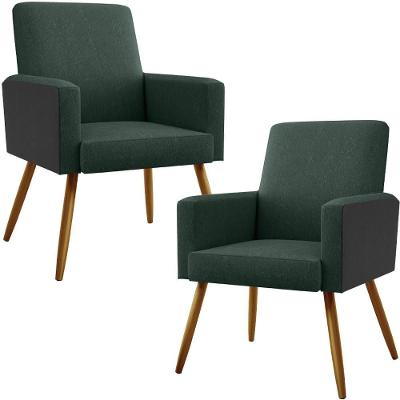 Kit 02 Poltronas Pés Palito Linho Verde Musgo Preto