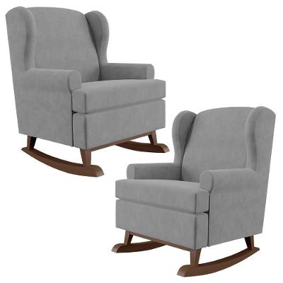 Kit 02 Poltronas Malu Base De Madeira P02 Suede Cinza
