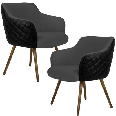 Kit 02 Poltronas Pés Palito Linho Cinza C-416 Corano Preto