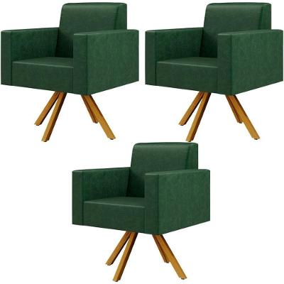 Kit 03 Poltronas Base Giratória De Madeira Facto Verde Musgo