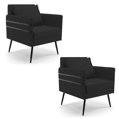 Kit 02 Poltronas Veludo Preto Pés Palito De Ferro Preto