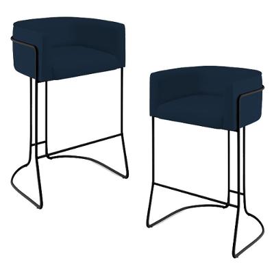 Kit 02 Banquetas Fixa Preto Veludo Azul Oxford C-304