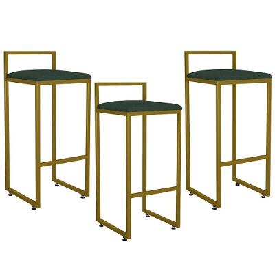Kit 03 Banquetas Alta Hanna Dourado Linho Verde Musgo
