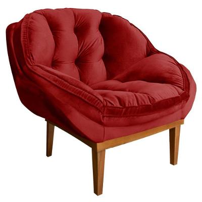 Poltrona Decorativa Veludo Base Madeira Castanho Vermelho