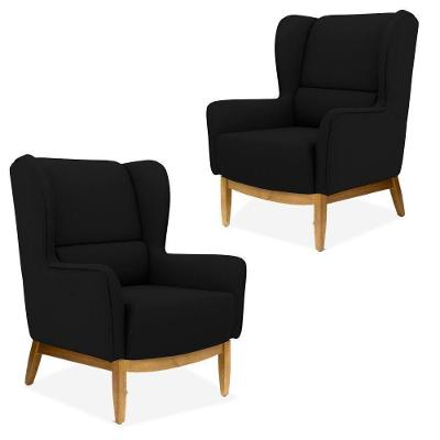 Kit 02 Poltronas D02 Base De Madeira Corano Preto C-05