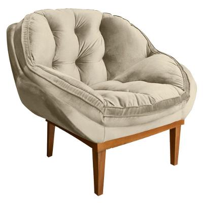 Poltrona Decorativa Veludo Bege Base Madeira Castanho