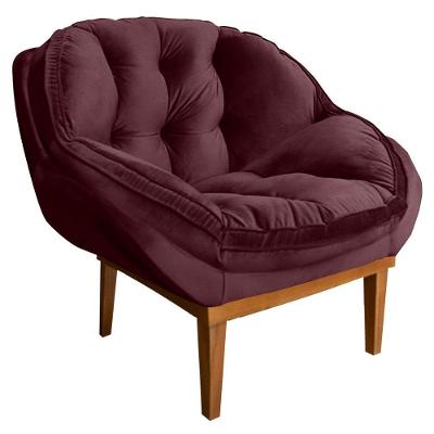 Poltrona Decorativa Veludo Base Madeira Castanho Vinho