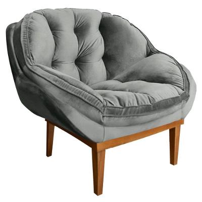Poltrona Decorativa Veludo Base Madeira Castanho Cinza