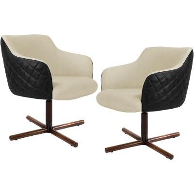 Kit 02 Poltronas Giratória Base X Linho Bege Corano Preto